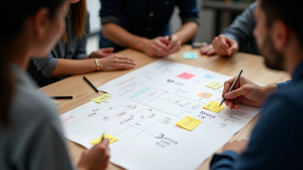 Team members in a design workshop actively using a printed journey map to discuss and make annotations with sticky notes