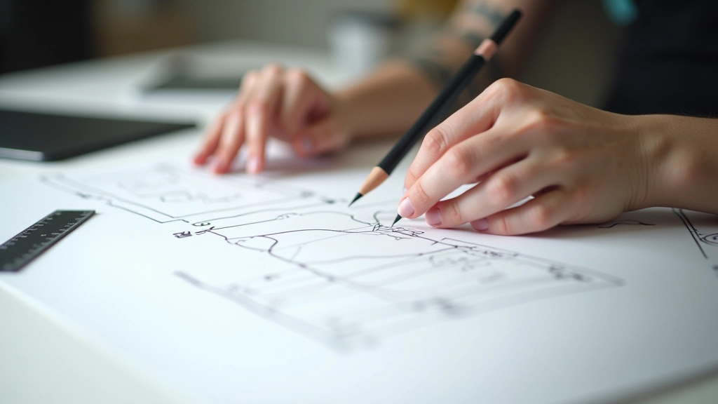 Designer sketching wireframe layouts on paper with pencil and ruler on light background